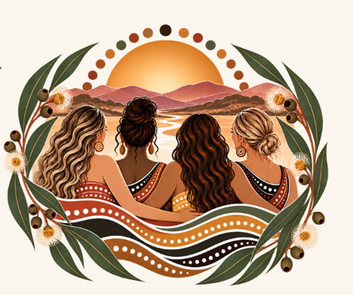 Illustration of four First Nations women, framed by gum leaves, looking out over Country at sunrise